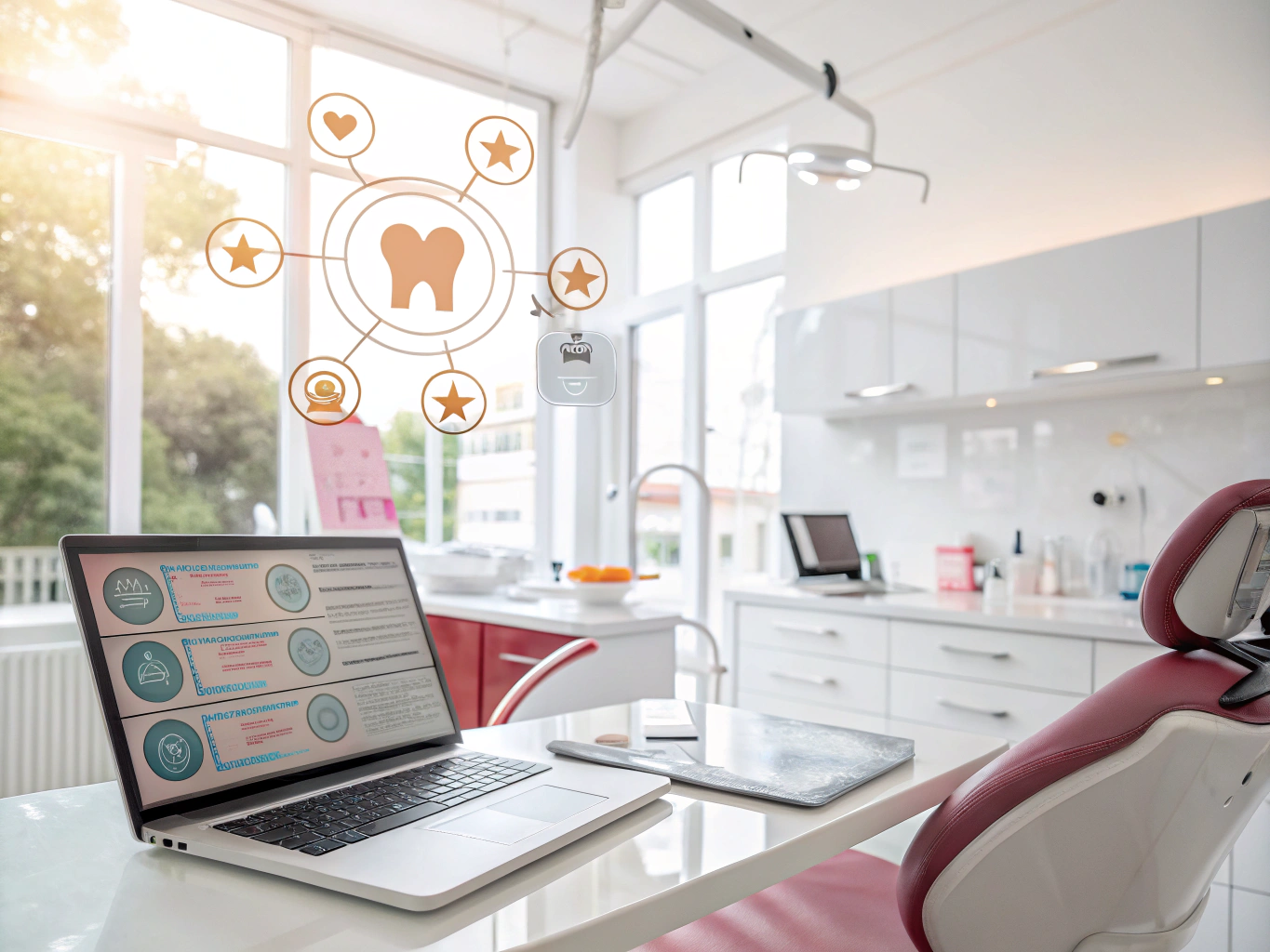 Modern dental workspace with digital SEO icons, review bubbles, and clinical colors.