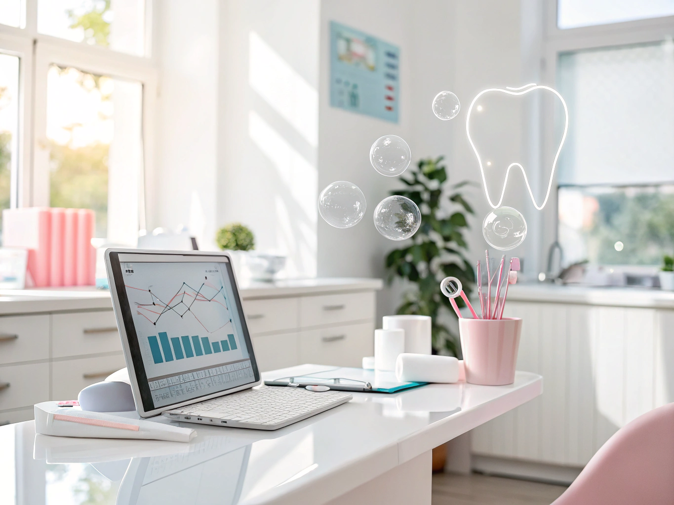 Modern dental workspace with geometric shapes, testimonial bubbles, growth charts, and clinical elements.