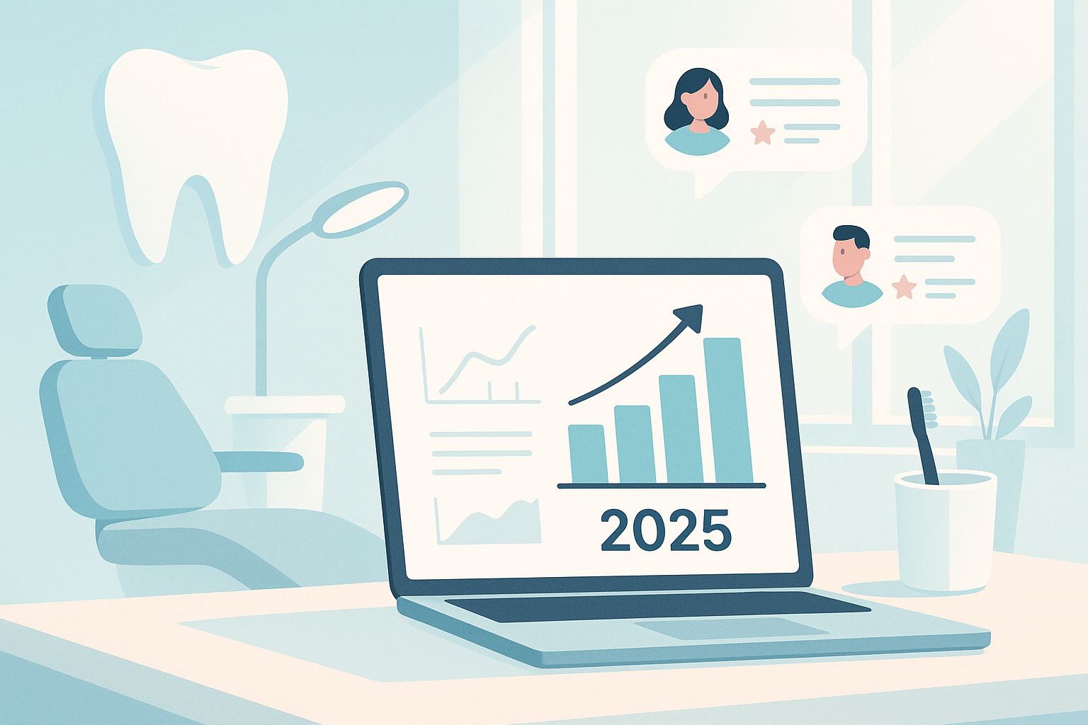 Modern dental workspace with growth charts and testimonial bubbles in bright, clinical tones.