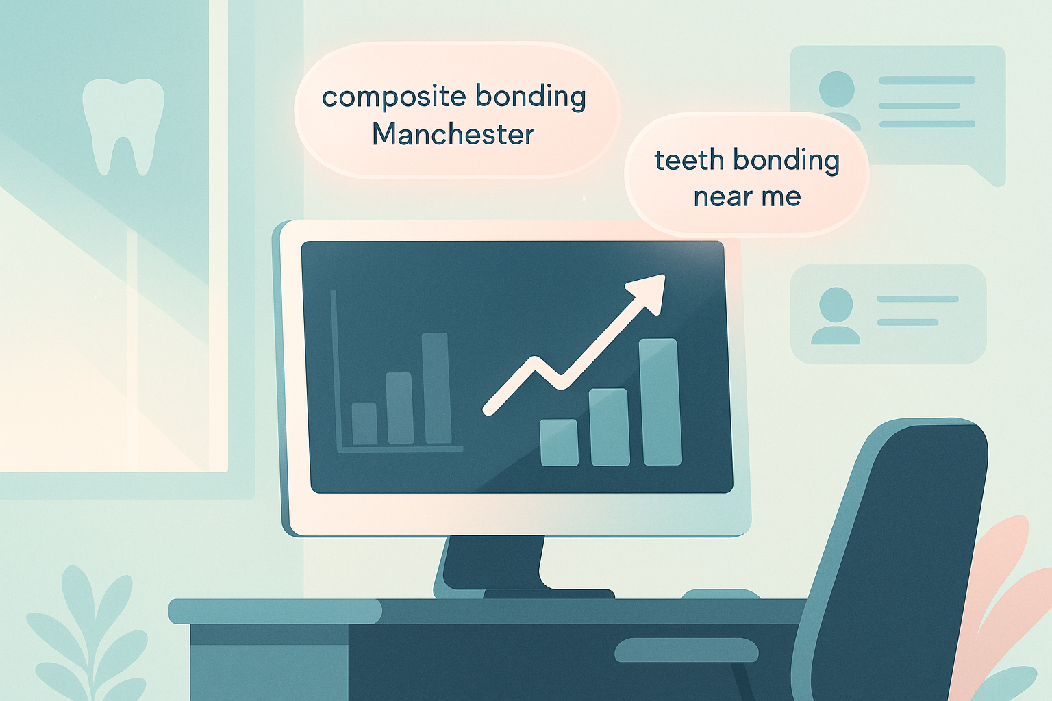 Modern dental workspace with growth charts, keyword bubbles, and testimonial shapes in clinical colors.