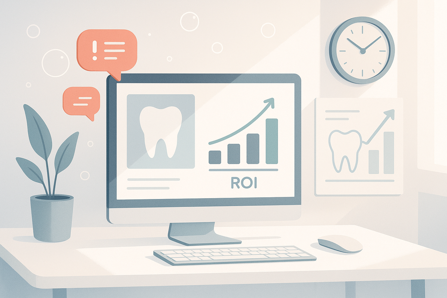 Modern dental workspace with growth charts, message bubbles, and a late-night clock.