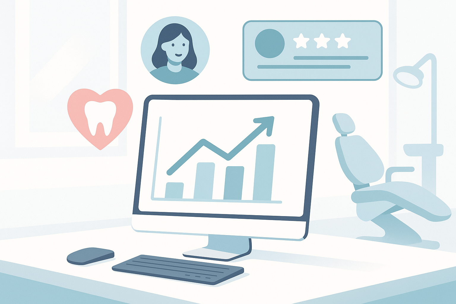 Modern dental workspace with growth charts, testimonial bubbles, and abstract patient connection symbols.