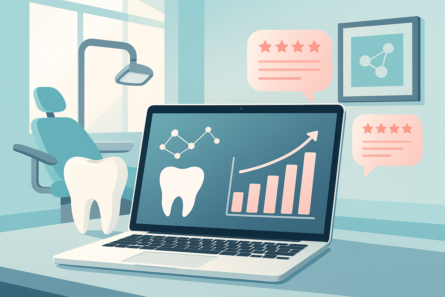 Modern dental workspace with growth charts, testimonial bubbles, and interconnected nodes in bright, clinical tones.