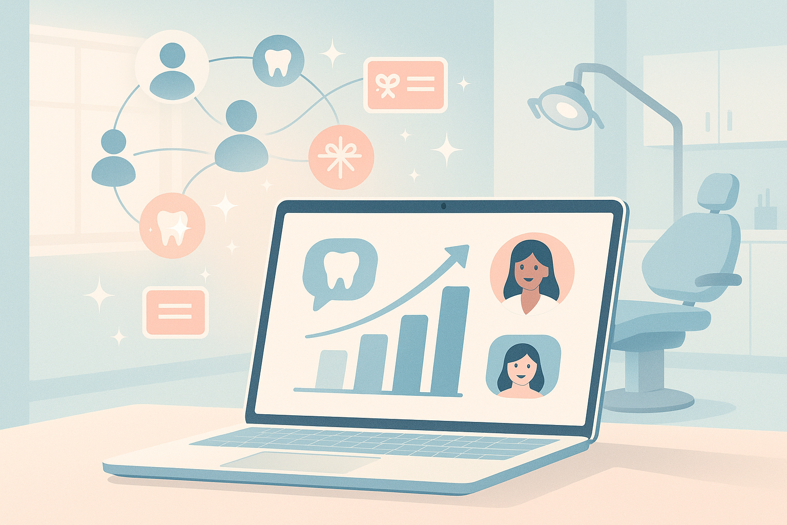 Modern dental workspace with growth charts, testimonial bubbles, patient network, and reward icons.