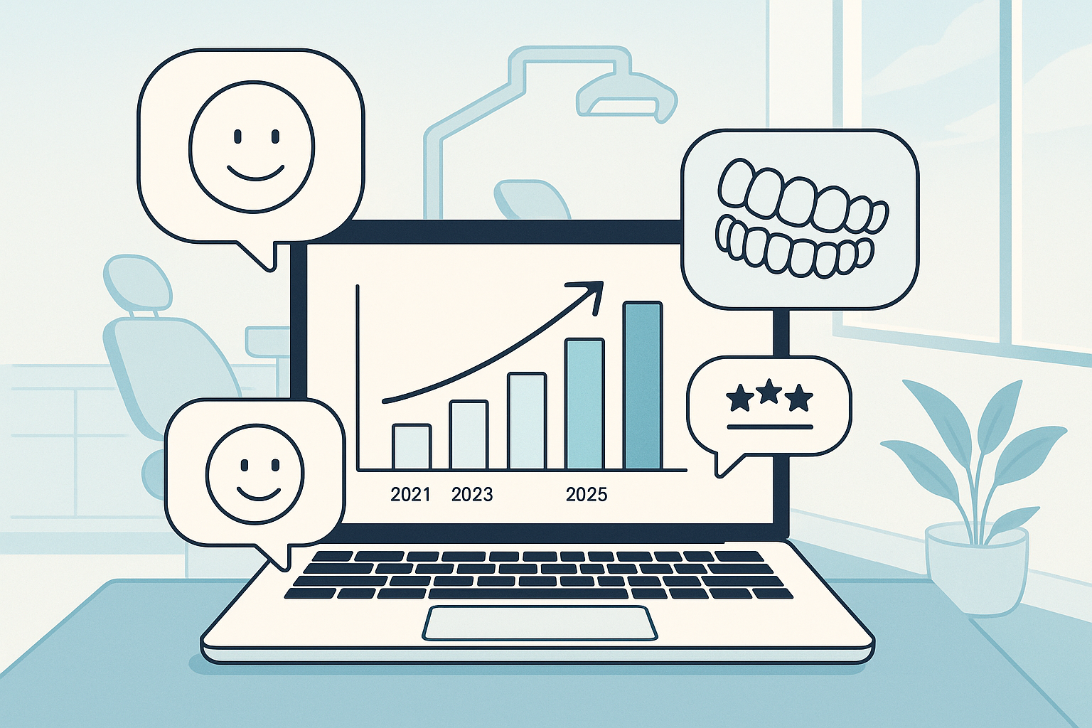 Modern dental workspace with growth charts, testimonial bubbles, smiling faces, and clear aligners.