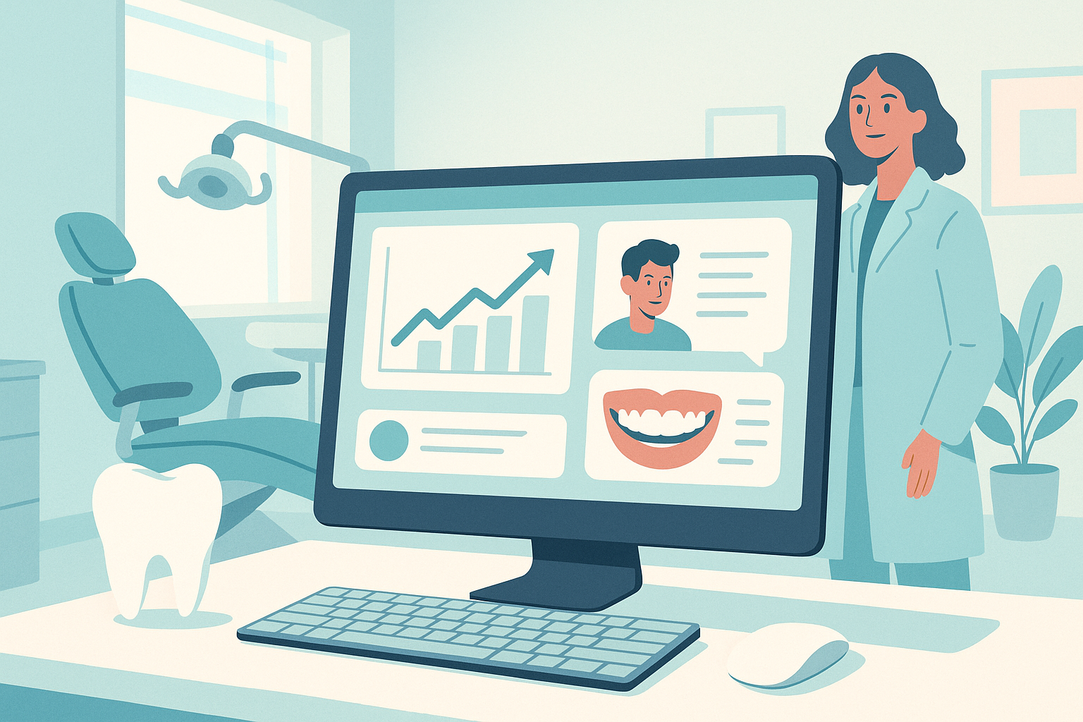 Modern dental workspace with growth charts, testimonial bubbles, and professional young team.