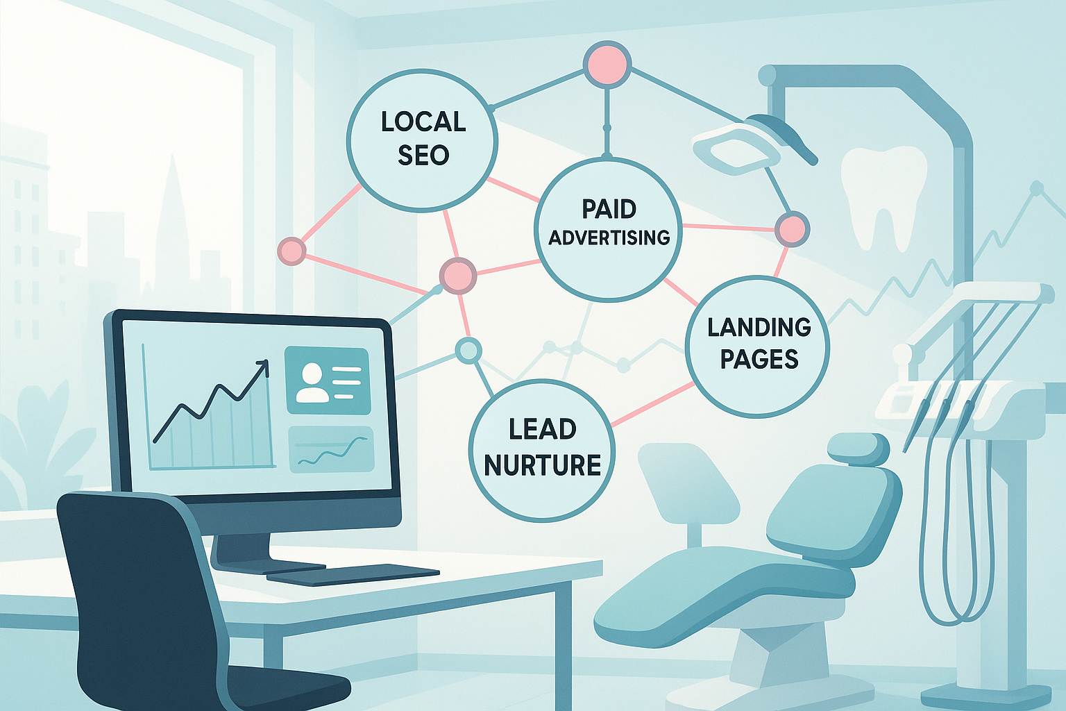Modern dental workspace with interconnected SEO, advertising, and lead nurturing nodes.