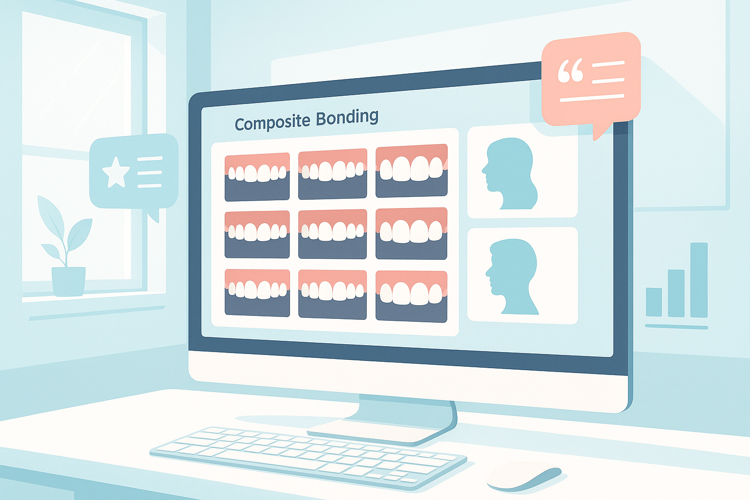 Modern dental workspace with layered screens, testimonials, and growth charts in clinical tones.