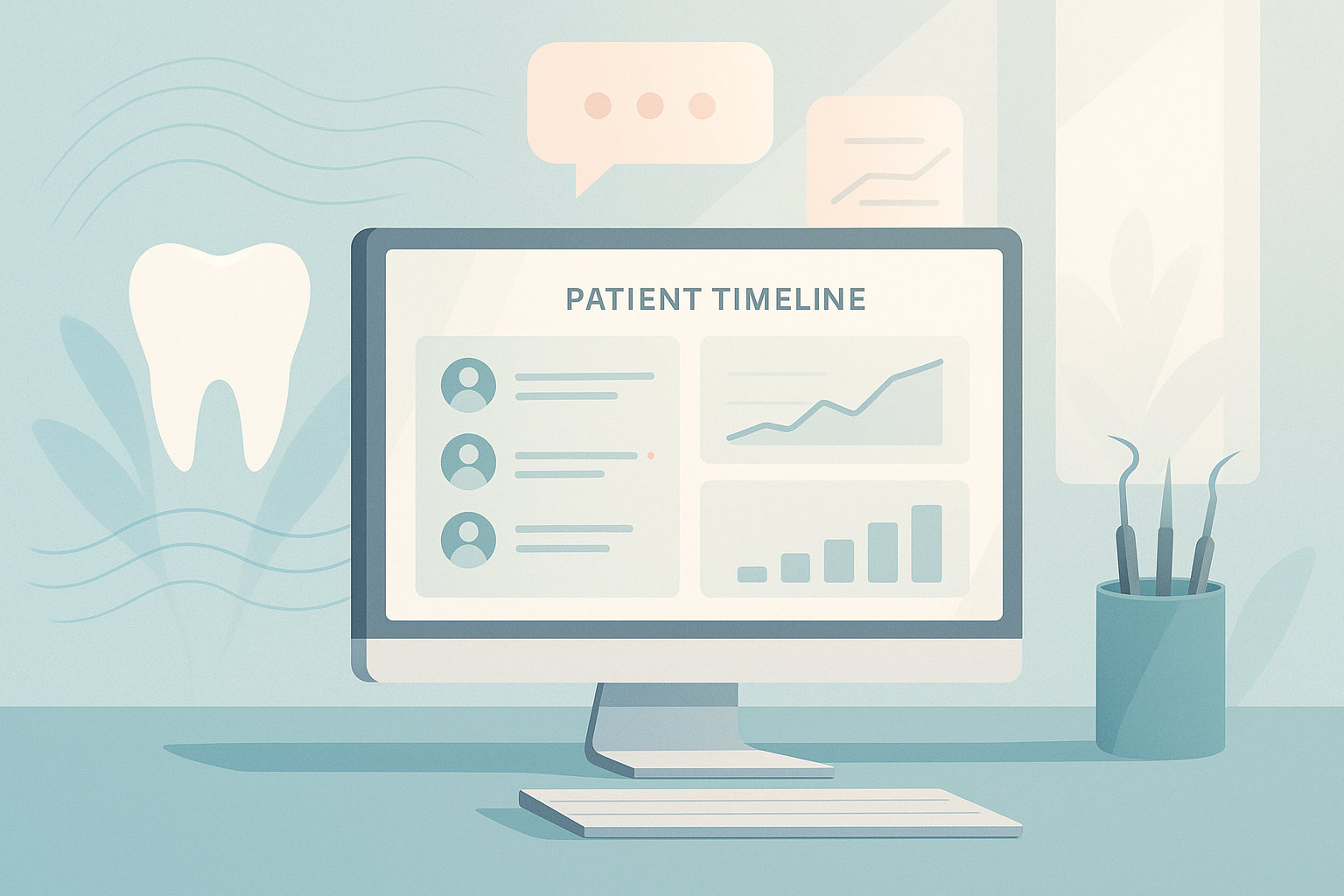 Modern dental workspace with patient timeline, growth charts, calming symbols, and serene clinic setting.