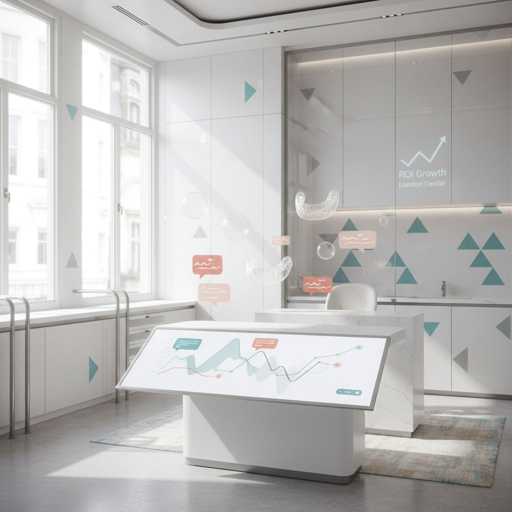Bright dental workspace with digital dashboard, testimonial bubbles, translucent denture outlines, and modern decor.