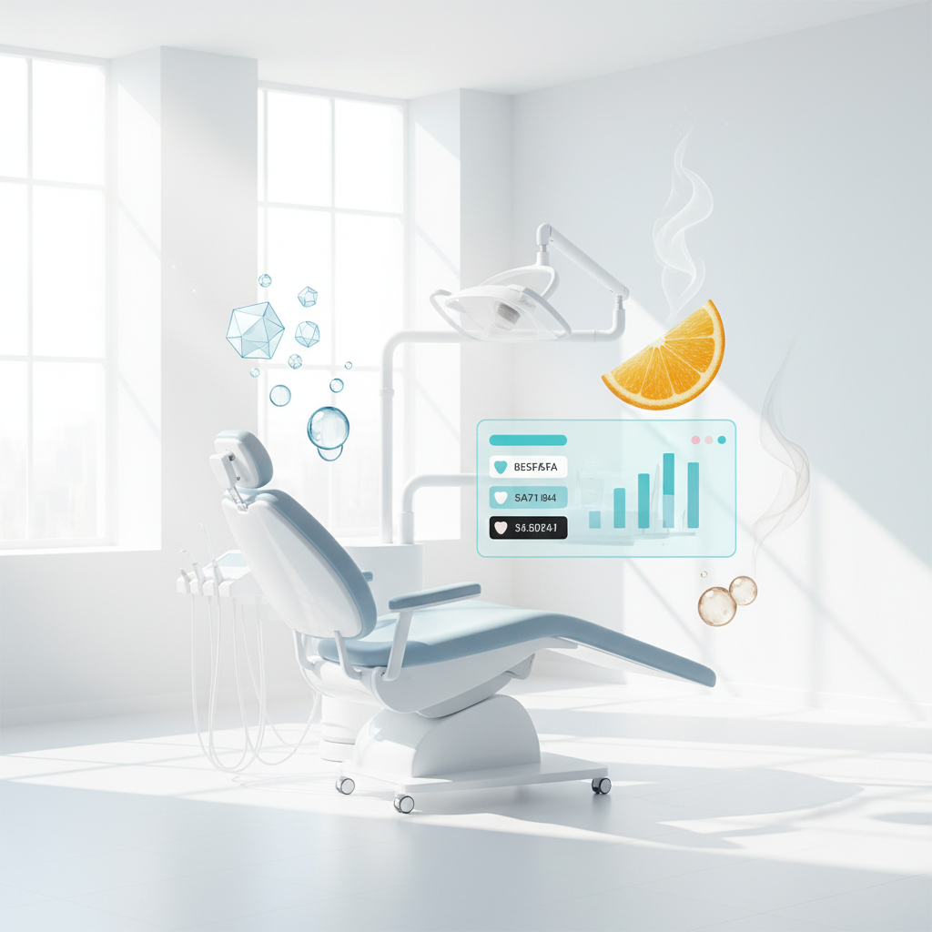 Modern dental clinic illustration with abstract sugar, acid, citrus, and stain representations, digital overlays.