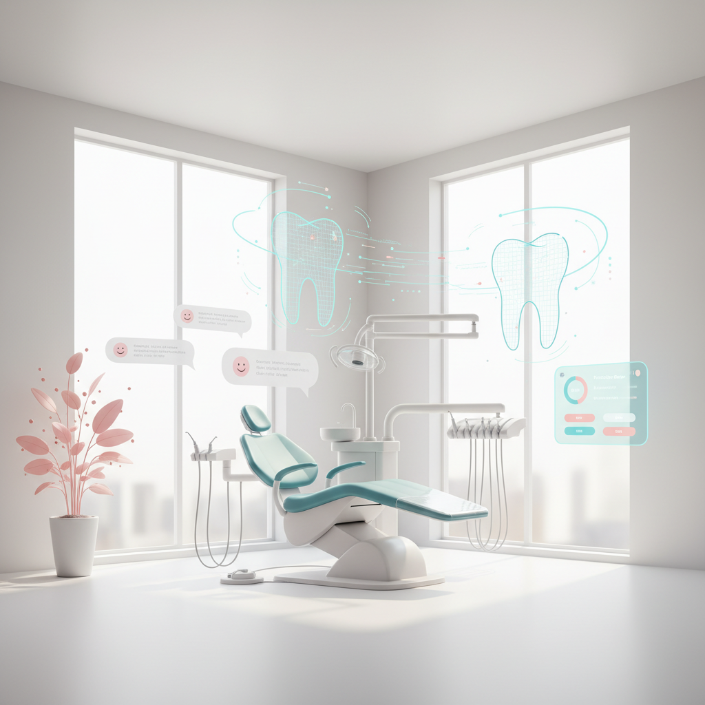 Modern dental clinic illustration with digital overlays, growth charts, and sleek technology elements.