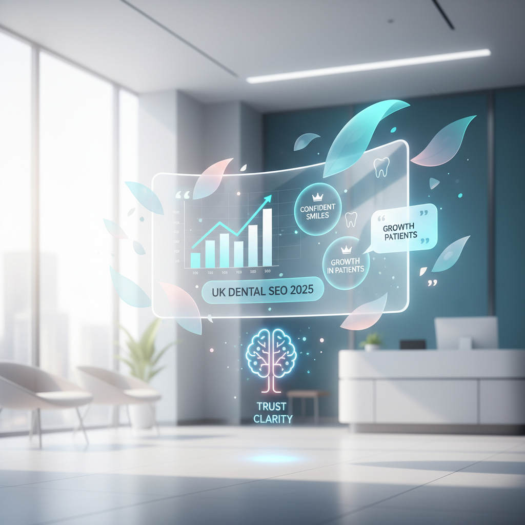 Modern dental clinic illustration with floating leaf shapes, growth charts, and testimonial bubbles.
