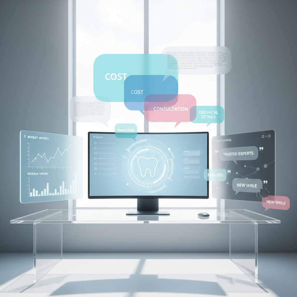 Modern dental clinic illustration with floating search bubbles, growth charts, and testimonial screens.
