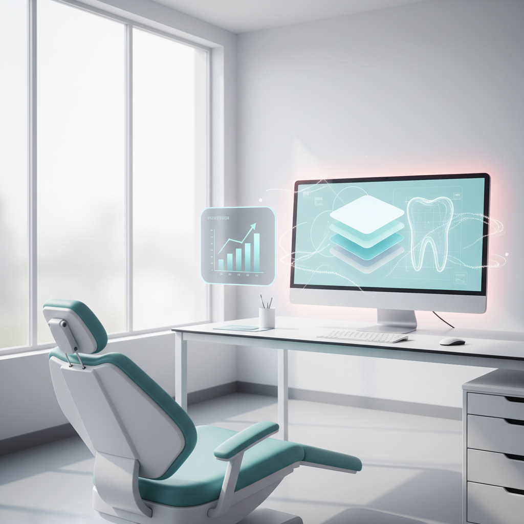 Modern dental clinic illustration with tooth anatomy, digital charts, and abstract enamel elements.
