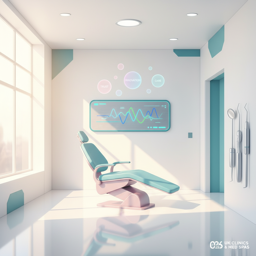 Modern dental clinic interior with digital dashboard, dental chair, and minimalist decor in bright lighting.