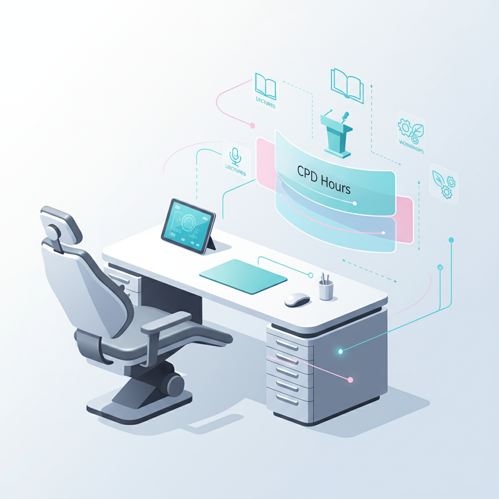 Modern dental clinic or dashboard with charts, lecture icons, and workshop motifs in bright, clean tones.