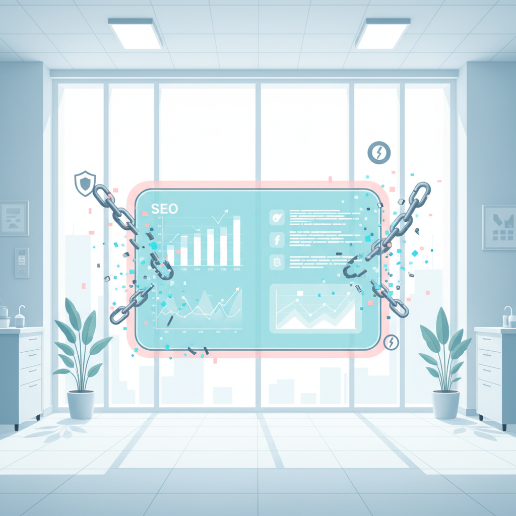 Modern dental clinic with digital dashboard, breaking chains, warning icons, in calming blue and pink tones.