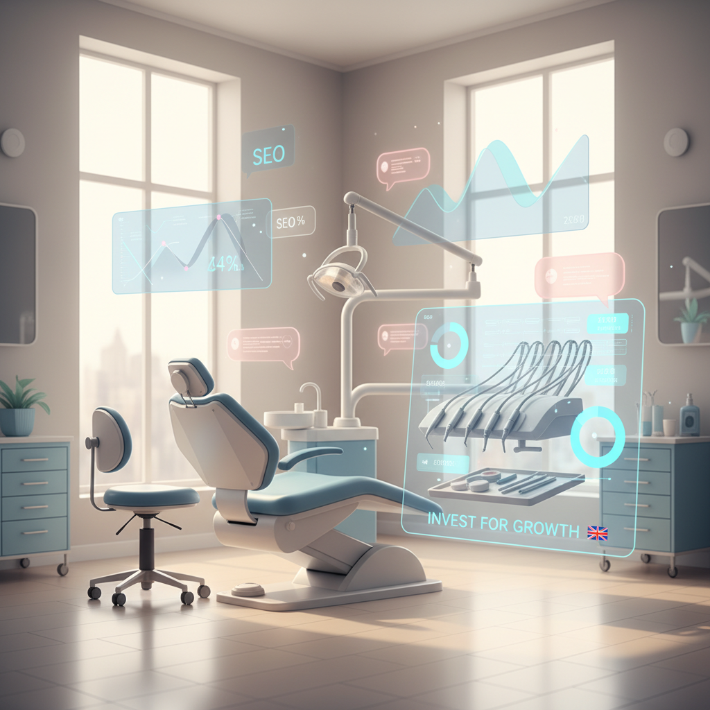 Modern dental clinic with digital dashboard, floating charts, growth curves, and testimonial bubbles.