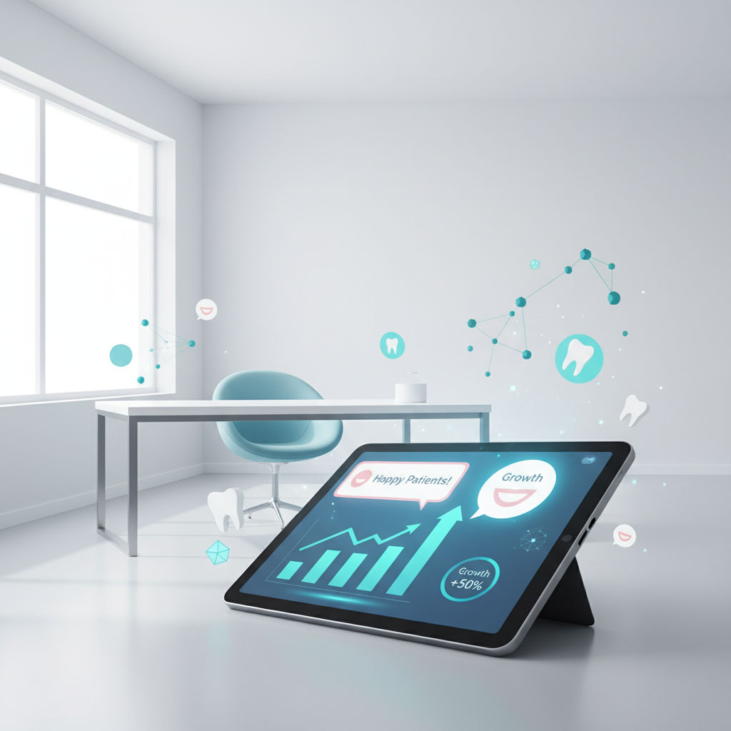 Modern dental clinic with digital dashboard, growth charts, and stylized tooth icons in a bright, clean workspace.