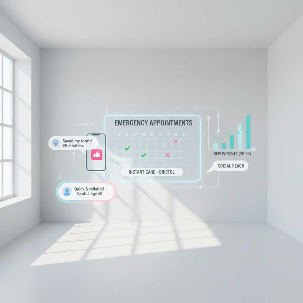 Modern dental clinic with digital dashboard, growth charts, and testimonial bubbles in bright, calming colors.