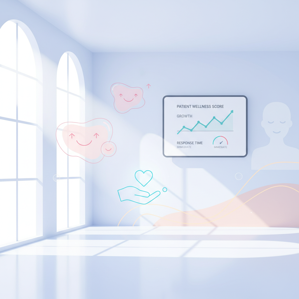 Modern dental clinic with digital dashboard, testimonial bubbles, and warm light reflections.
