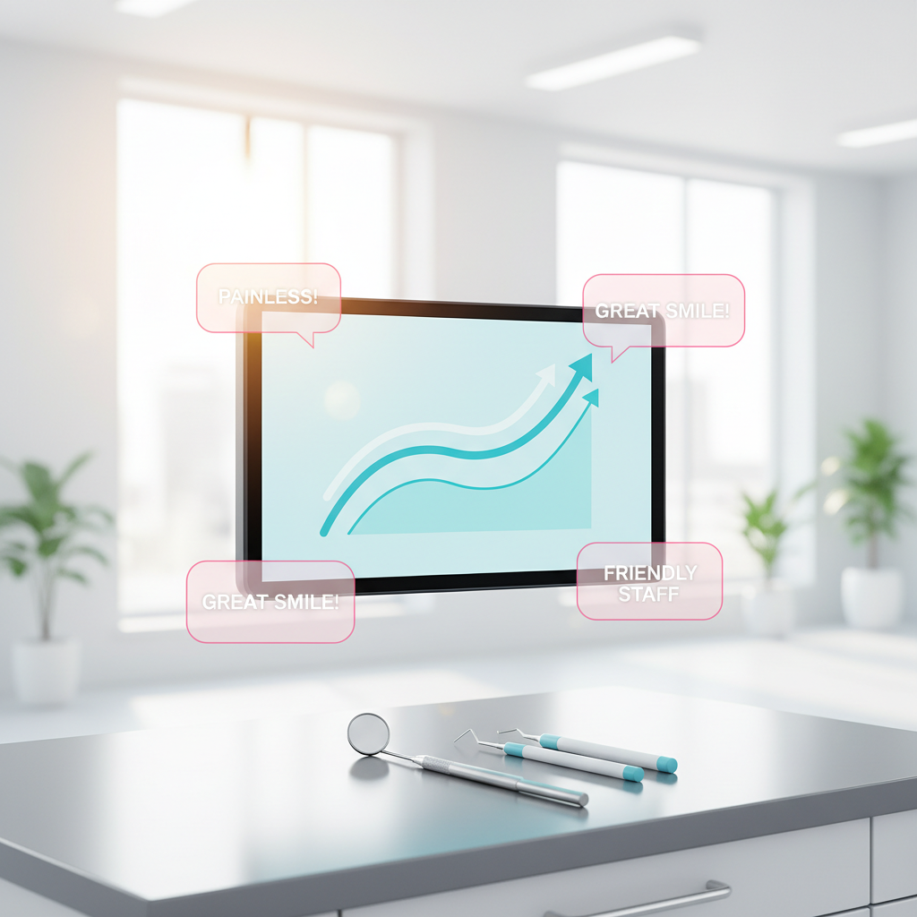 Modern dental clinic with digital dashboard, tools, and floating testimonials in bright, professional setting.
