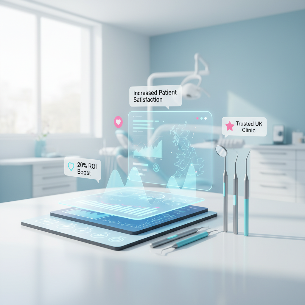 Modern dental clinic with digital dashboards, dental tools, and abstract growth charts in bright, clinical tones.