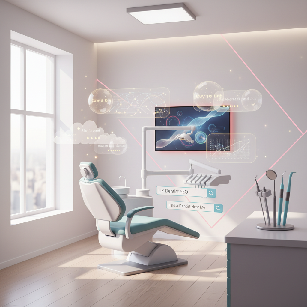 Modern dental clinic with digital growth icons, dental tools, and calming blue, teal, and pink accents.