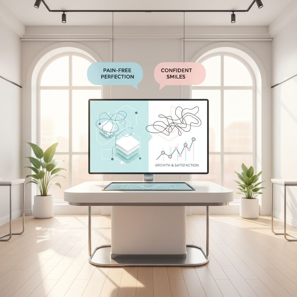 Modern dental clinic with digital screens, abstract blueprints, geometric shapes, and testimonial bubbles.