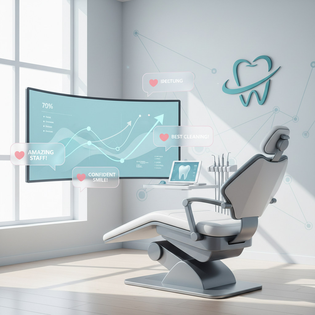 Modern dental clinic with digital workspace, dental chair, tools, and network lines illustrating online marketing.