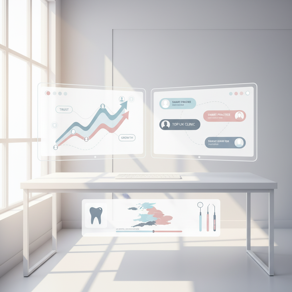 Modern dental clinic with digital workspace, growth charts, testimonial bubbles, and dental icons.