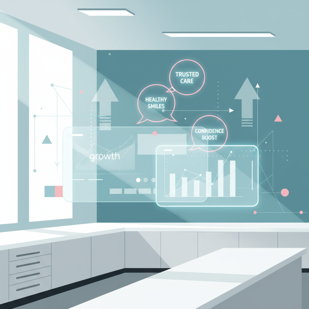 Modern dental clinic with digital workspace, growth charts, and testimonial bubbles in warm tones.