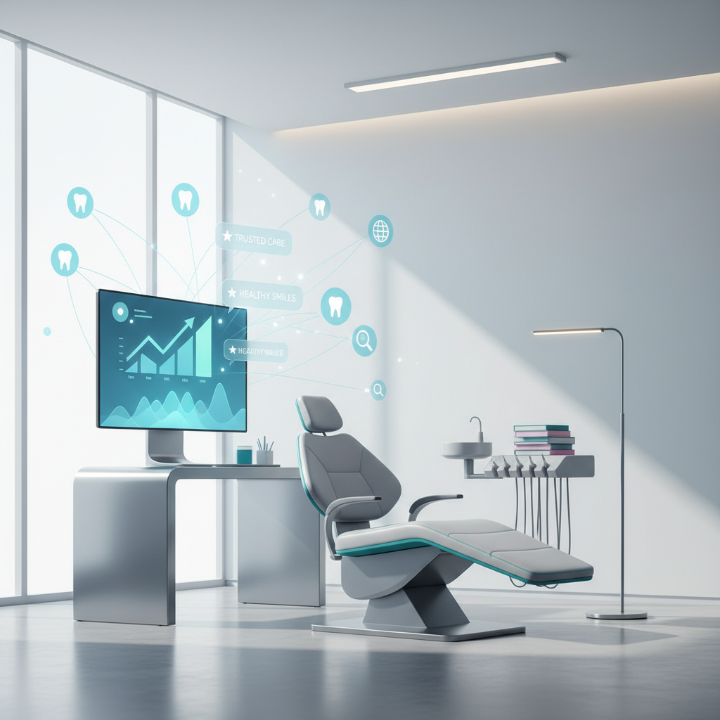 Modern dental clinic with digital workspace, growth charts, testimonial bubbles, and treatment room elements.