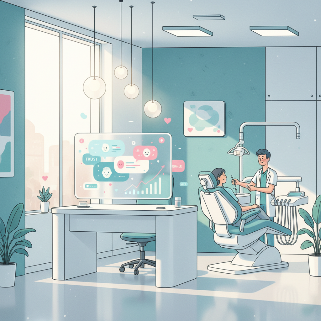Modern dental clinic with digital workspace, testimonial bubbles, and growth charts on a white desk.
