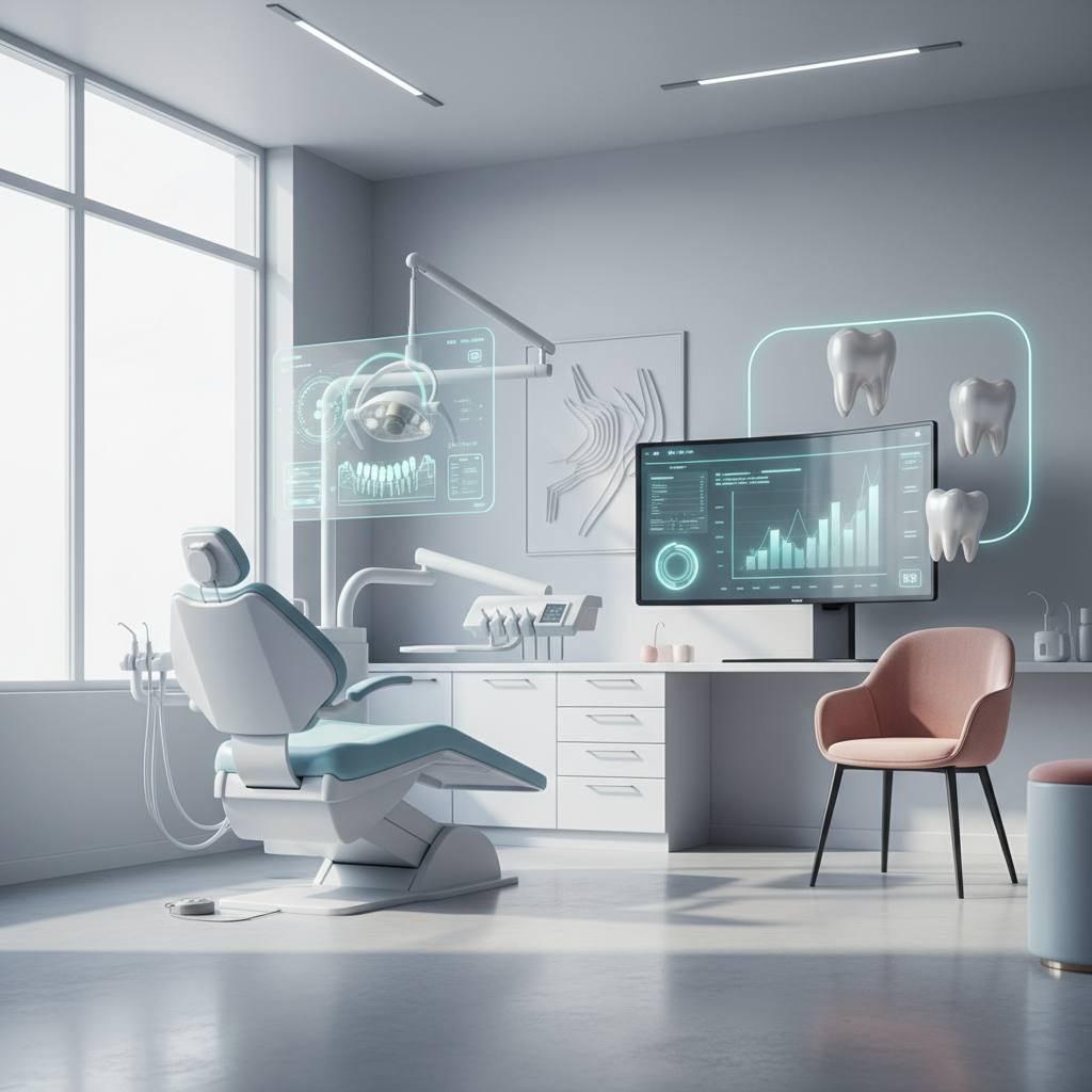 Modern dental clinic with holographic charts, 3D tooth models, and digital growth graphs.