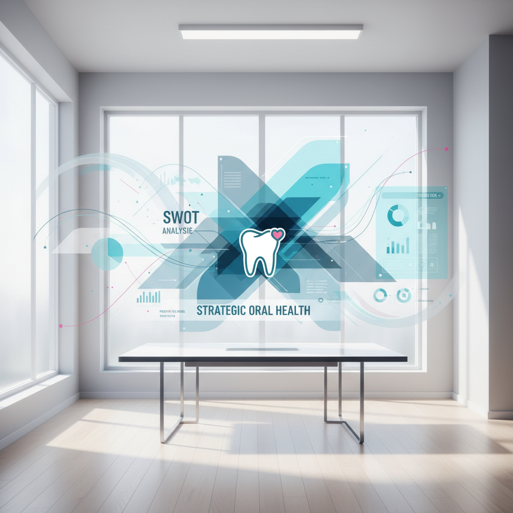 Modern dental clinic with strategic frameworks and abstract geometric charts in bright, clean setting.