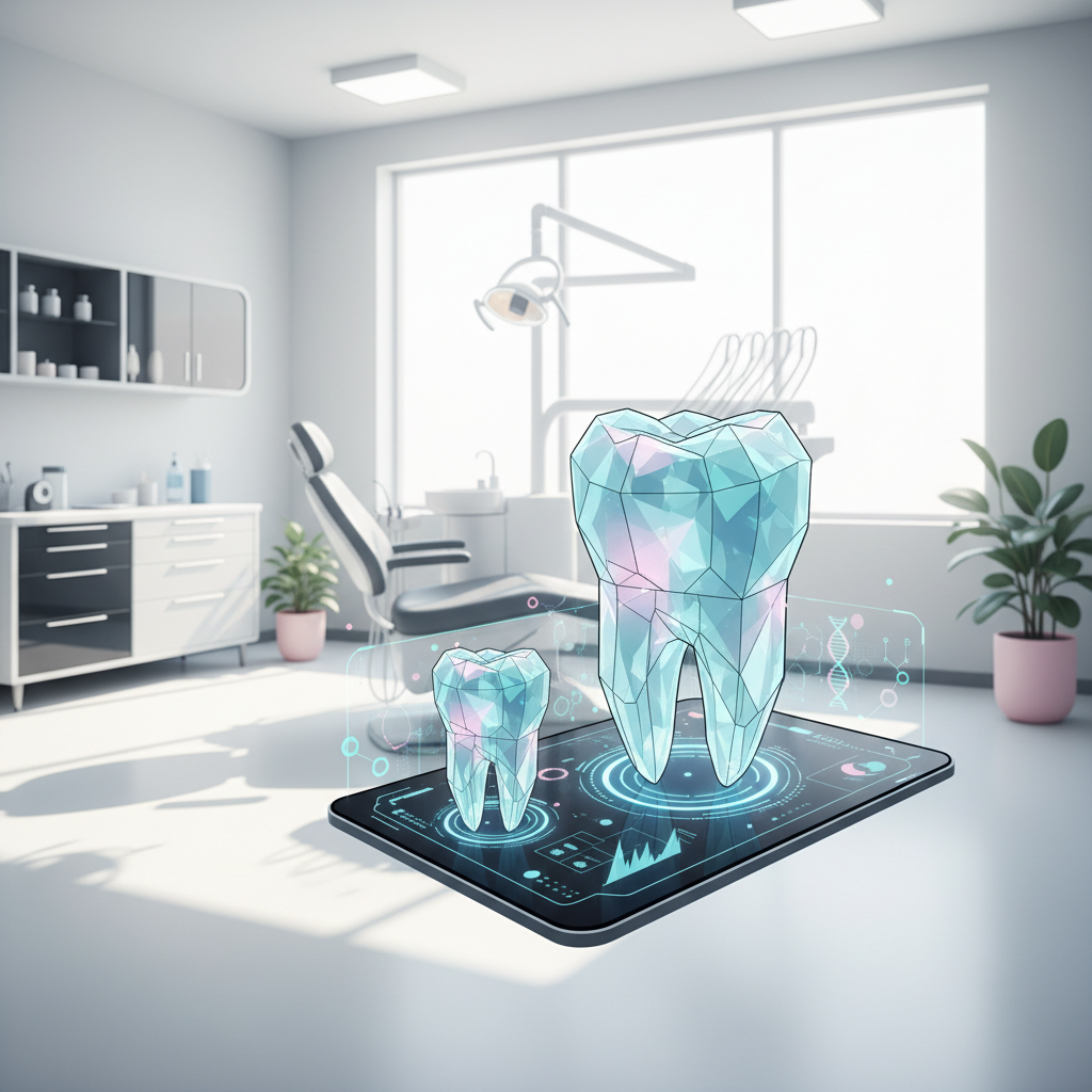 Modern dental clinic with translucent teeth emerging from digital dashboard displays.