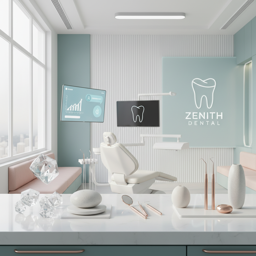 Modern dental clinic with zirconia elements, digital screens, and dental tools in a bright, inviting space.