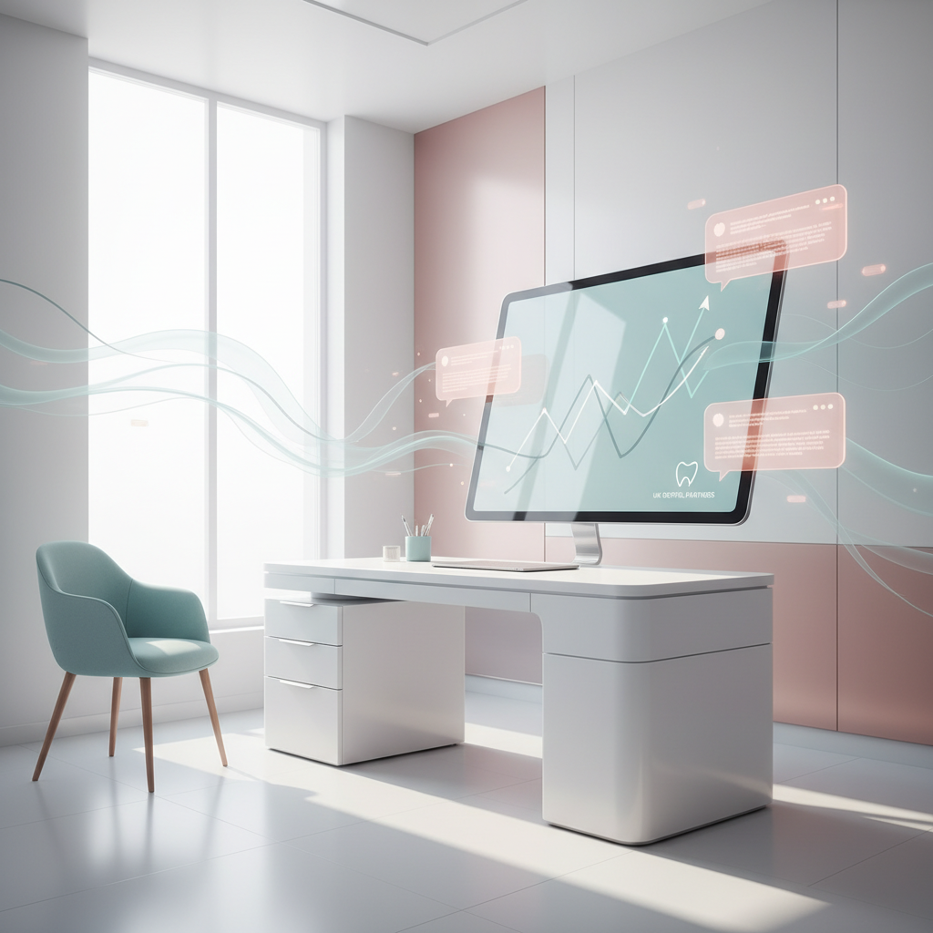 Modern dental consultation room with digital workspace, growth charts, and glowing testimonial bubbles.