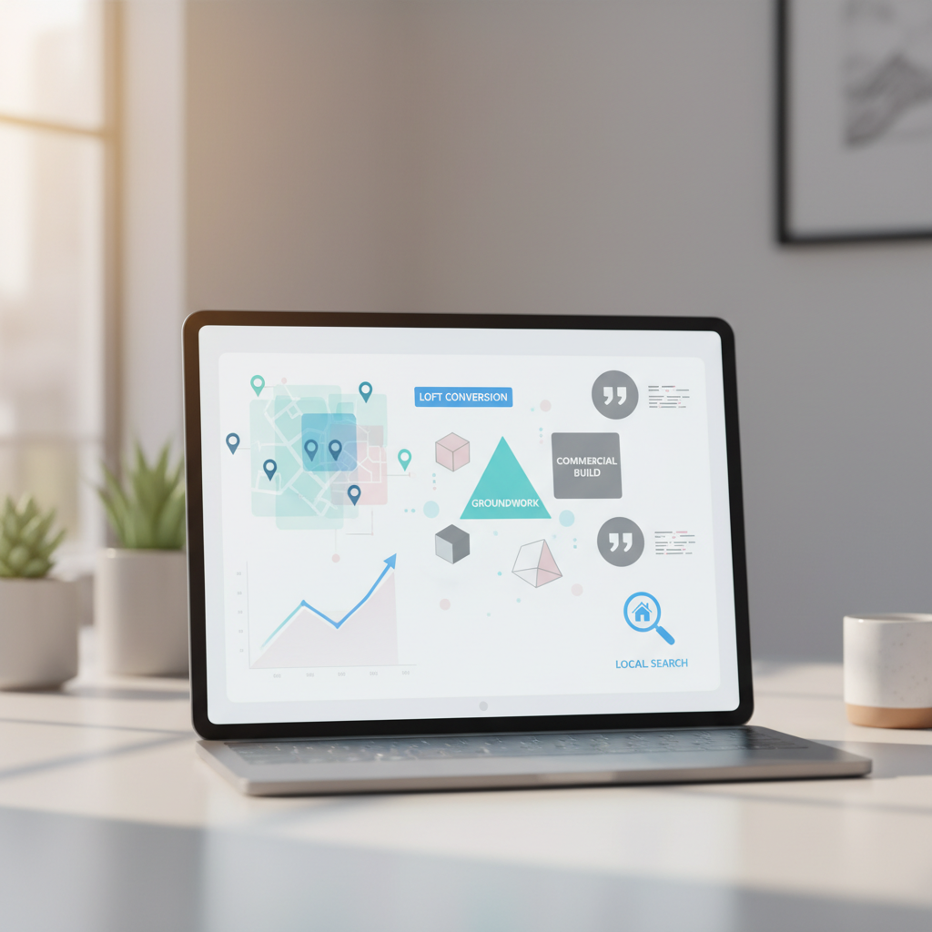 Modern dental dashboard with maps, keywords, growth charts, and testimonial bubbles in bright, clean style.