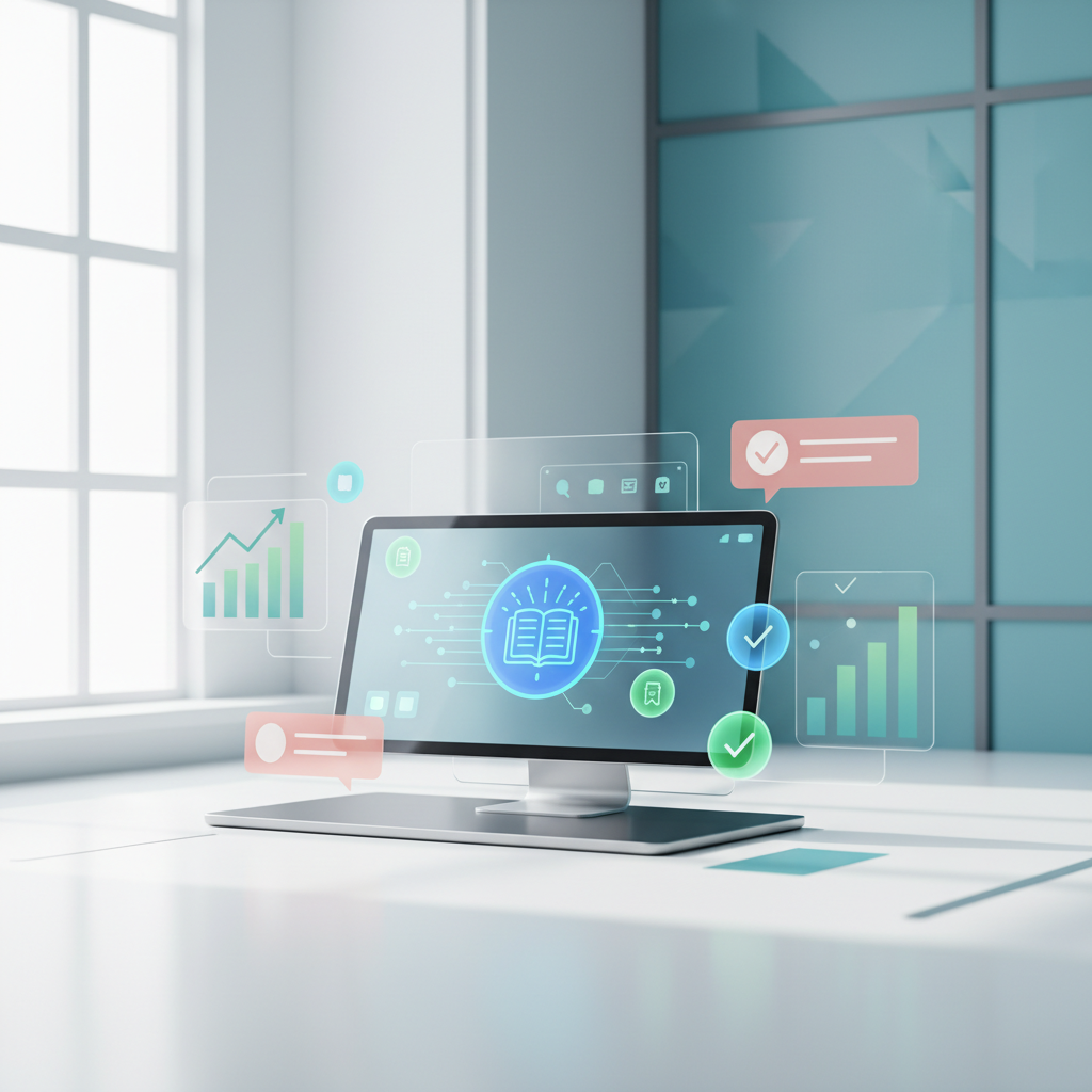 Modern dental dashboard with support icons, growth charts, and testimonial bubbles in a bright, clinical workspace.
