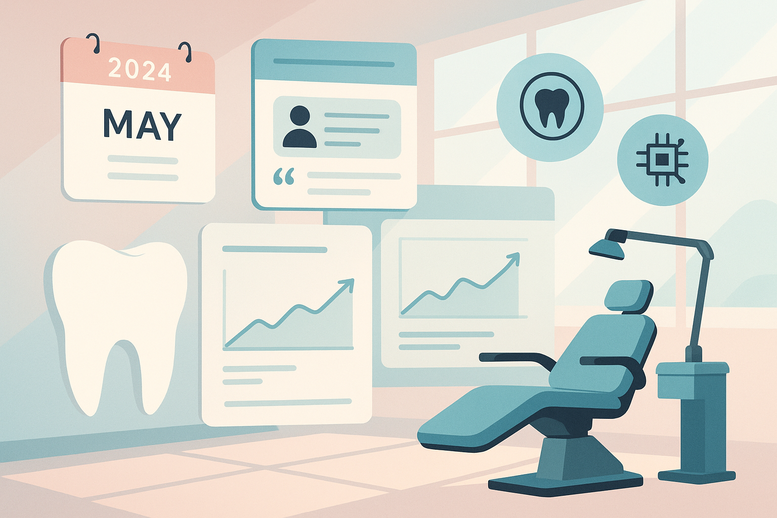 Modern dental illustration with conference icons, dashboards, and clinical setting in bright, warm tones.