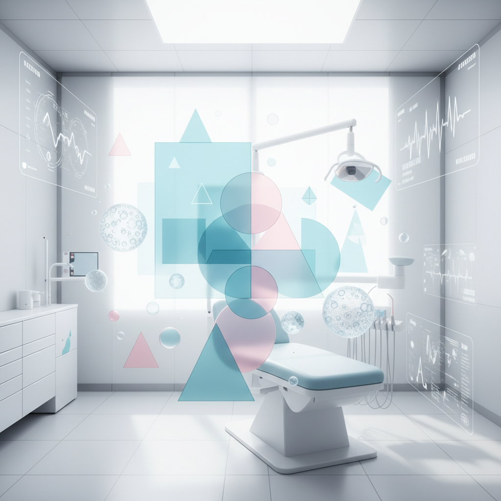 Modern dental illustration with geometric shapes, sterile tones, and calming treatment room elements.