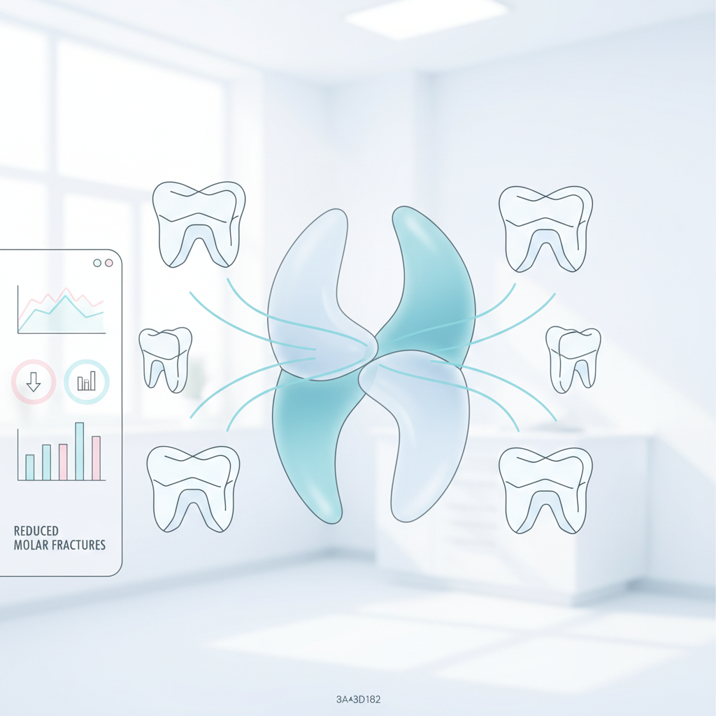 Modern dental illustration with translucent shapes, clinical setting, and data elements in calming colors.