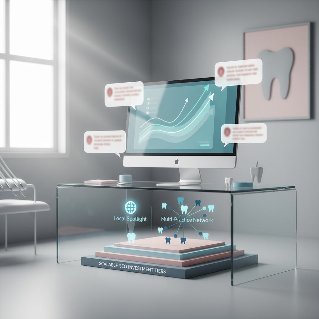 Modern dental office illustration with growth charts, testimonial bubbles, and clinical tones.