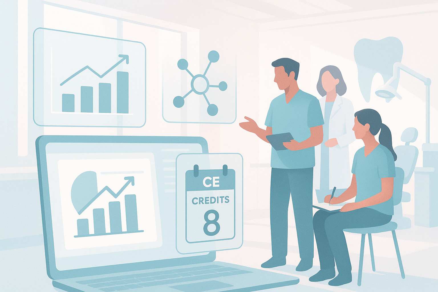Modern dental team collaborating in a bright, clinical workspace with charts and digital elements.