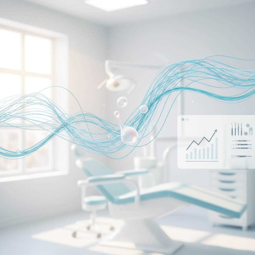 Modern dental treatment room with braided threads, droplets, growth charts, and sleek instruments.