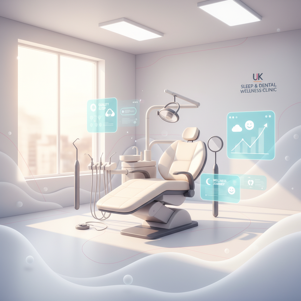 Modern dental treatment room with calming blue interfaces, abstract sleep waves, and warm, trusting tones.