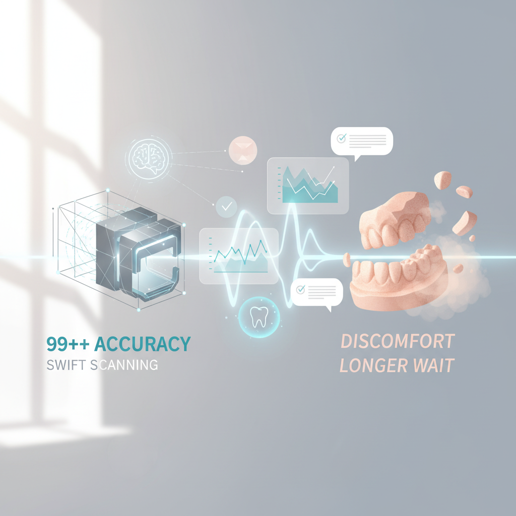 Modern dental treatment room with digital accuracy visuals and comforting impression textures.